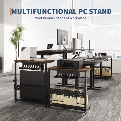 GarveeHome 28" Computer Tower Stand, 2-Tier 11 Level Height Ajustable PC Stand with Line Storage Rack,Mobile Rolling CPU Holder,Perfect for Office,Laptop Desk.(22.83"-34.1") Rustic Brown.