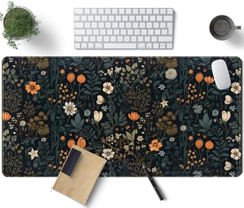 Cute Dark Floral Desk Mat Vintage Flowers Plant Mouse Pad XXL Large Extended Gaming Mousepad Women Office Decor Desk Pad, Big Laptop Computer Keyboard and Mouse Mat with Stitched Edges, 31.5x15.7 in - color: Vintage Dark Floral