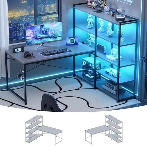 Pamray 49 Inch L Shaped Gaming Computer Desk with Shelves and Storage | Compact Reversible Design with LED Lights & Power Outlets, Suitable for Home Office Bedroom Small Spaces and Dorm Study Work - color: Grey