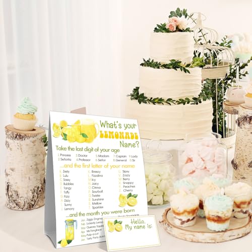 Funny Lemonades Games Sign Cards Set, What's Your Lemonades Name Game Card, Lemonade Party Game Cards, 1 Lemonade Name Sign, 30 Lemon Name Sticker Card, Birthday Party Games Decoration for Boys Girls - style: Lemonades