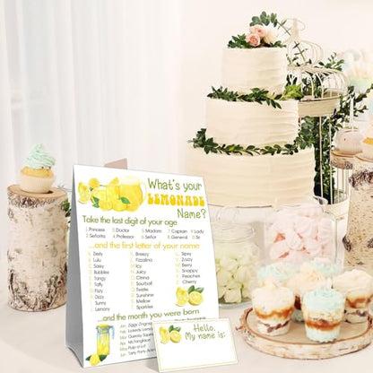 Funny Lemonades Games Sign Cards Set, What's Your Lemonades Name Game Card, Lemonade Party Game Cards, 1 Lemonade Name Sign, 30 Lemon Name Sticker Card, Birthday Party Games Decoration for Boys Girls - style: Lemonades