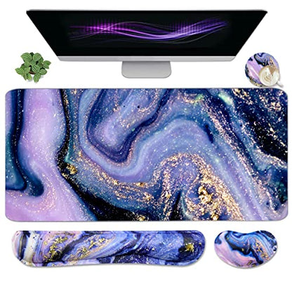 4-in-1 Large Gaming Mouse Pad and Keyboard Wrist Rest, Desk Pad for Keyboard and Mouse, Non-Slip Desk Mat for Home Office Study Game-Purple Marble - color: Purple Marble