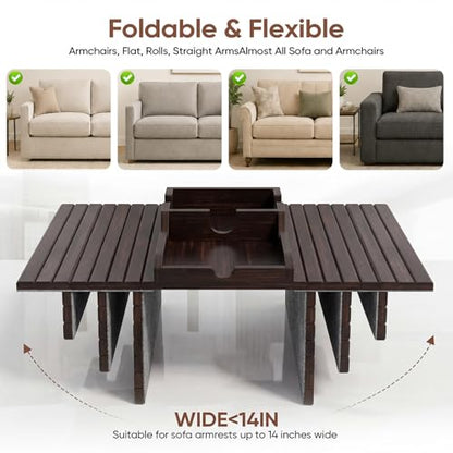 Bamboo Couch Arm Tray Table with Built-in Cup Holder, Foldable Anti-Slip Sofa Armrest Table for Drinks, Phone & Remote, Fits 4.7–16.9 in Armrests, Holds Cups up to 3.5 in Diameter (Brown) - color: Brown