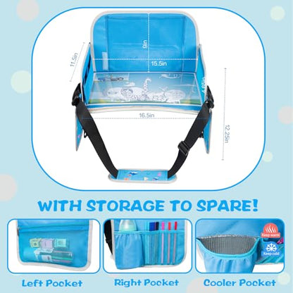 MENZOKE Kids Travel Tray, Car Seat Tray for Kids Travel, Toddler Essentials Girls with Tablet Holder, Road Trip Essentials with Cooler Cup Holder, Dry Erase Board & Storage Pocket for Airplane, Blue - color: Blue Aquarium