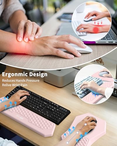 Ergonomic Mouse Pad and Keyboard Wrist Rest Support Set, Massage Design Mousepad for Carpal Tunnel Pain Relief, Memory Foam, Non-Slip PU Base for Computer Desk, Pink - color: Pink