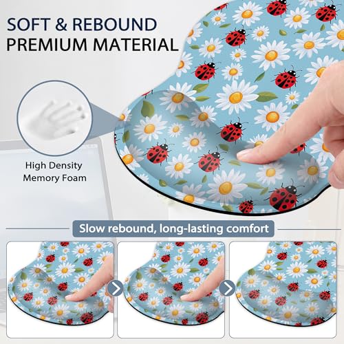 Ladybug Wrist Rest Mouse Pad and Keyboard Support Set,Daisy 3 in 1 Ergonomic Memory Foam Mousepad with Non Slip Base, Gaming Mouse Pad for Office and Home - color: Ladybug Daisy