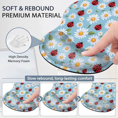 Ladybug Wrist Rest Mouse Pad and Keyboard Support Set,Daisy 3 in 1 Ergonomic Memory Foam Mousepad with Non Slip Base, Gaming Mouse Pad for Office and Home - color: Ladybug Daisy