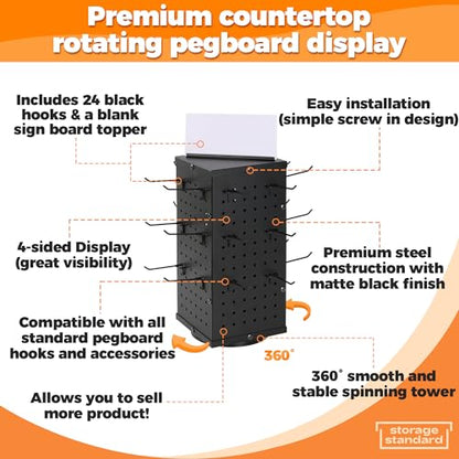 Rotating Pegboard Display Stand With 24 Hooks - Metal Spinning Peg Board Displays, Stands for Retail, Vendors, Selling & Shows - 4-Sided Craft Rack Organizer for Products, Accessories, Jewelry