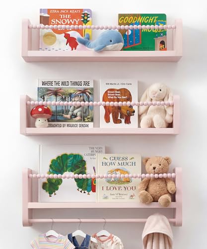 Nursery Book Shelves for Wall Set of 3, Pink Natural Wood Bookshelf Wall Decor, Small Floating Shelf Organizer for Kids Room, Bedroom, Kitchen Spice Rack - color: Pink, size: 16 inch