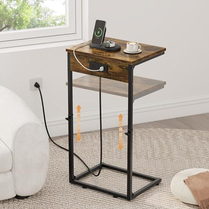Vagusicc C Shaped End Tables Set of 2 with Charging Station, 33.2'' Tall C Table Adjustable Height Side Table, Small Side Table for Small Spaces, Couch Sofa Table TV Tray for Living Room, Rustic Brown - color: Rustic Brown (2 Pack), style: With Plug