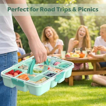 Snackle Box Container for Adults with 10 Compartment, Divided Serving Tray with Lid and Handle and 2 Sauce Containers, Portable Snack Box Container for Charcuterie Party Travel, Green - color: Green