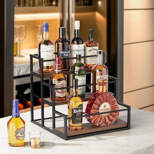 THYGIFTREE Liquor Bottle Display Shelf, 3 Tier Coffee Syrup Rack Organizer & Bar Shelf Stand for Liquor, Whiskey, Spirits, Coffee Station & Home Bar - color: 1-pack, 3-tier