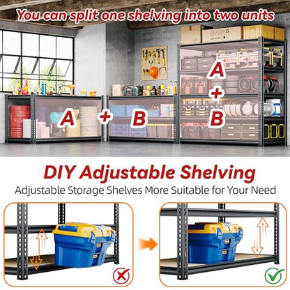 48"W Garage Shelving, 3050LBS Storage Shelves Heavy Duty, 5 Tier Metal Shelving Unit Adjustable Garage Shelves Heavy Duty Shelving for Warehouse,Commercial, Kitchen, 48" W × 24" D × 72" H, Black - size: 48"W x 72" H x 24" D