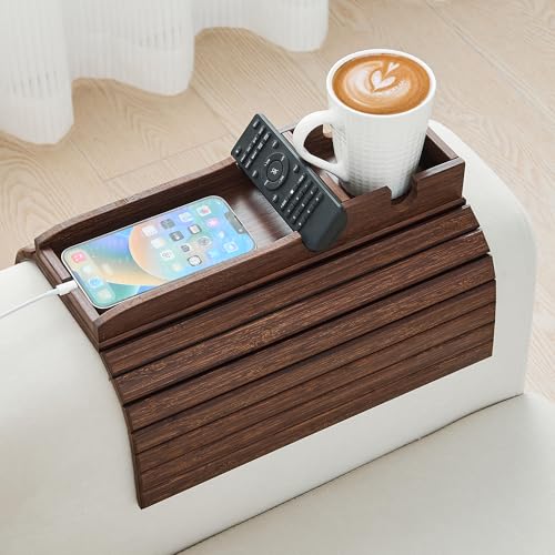 GEHE Bamboo Couch Cup Holder, Anti-Spill Sofa Arm Tray, Natural and Easy to Clean Couch Arm Cup Holder Armrest Tray Perfect for Cups, Beers, Snacks, Remote Control, Drinks - color: Brown