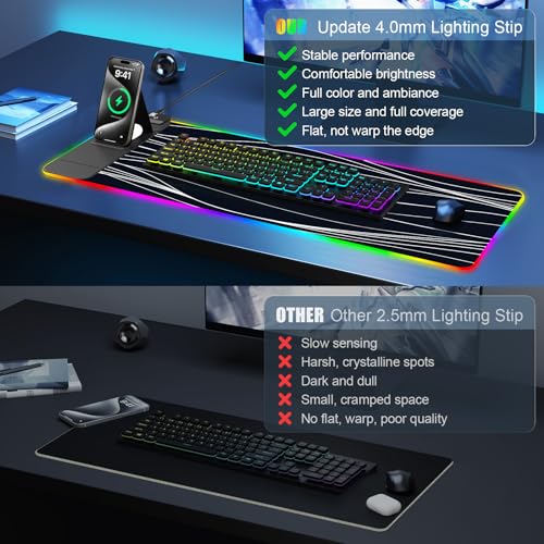 RGB Mouse Pad with Foldable Phone Stand Wireless Charger, 31.5"x11.8" XL Gaming Mousepad Large Desk Mat, Desk Pad with 11 Colors 5 Modes, Waterproof - color: Black Touch Control Stand XL Line