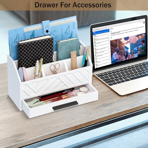 dreampossible Wood Desk Organizer and Accessories with Drawer, Bill Mail Organizer and File Mail Holder for Office Supplies, Modern Desk Accessories & Workspace Organizers for Desk Organization - color: White&Black