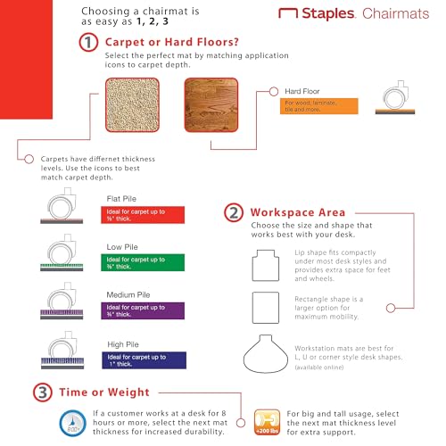 Staples Office Chair Mat, Clear Floor Mats with Lip, Medium-Pile Carpets, Extended Under-Desk Coverage, 45" x 53'' Inch, Smooth Glide - size: 45" x 53", style: Medium-Pile