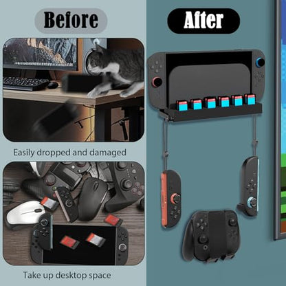 Metal Wall Mount Compatible with Nintendo Switch 2/1/OLED, Switch 2 Wall Mount Kit with Controller Holder, 12 Game Card Holders and 2 for Joy Con Brackets, Safely Store Switch 2 Near TV