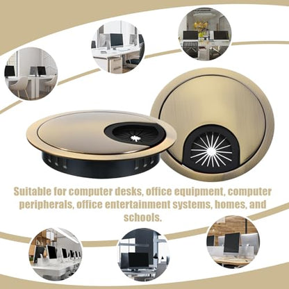 2 PCS Heavy Duty Zinc Alloy Desk Grommet, 60mm (2.36 Inch) Metal Cable Hole Cover for Wire Cord Management, Elegant Gold Wire Tidy Organizer for Home Office Computer Desks