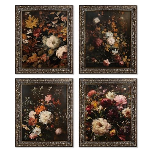 Locomiss Vintage Floral Wall Art Decor Posters, Dark Cottagecore Wall Decor, Vintage Moody Flower Botanical Posters Print for Farmhouse Bedroom Bathroom Living Room, Set of 4 (8x10 Unframed) - color: floral