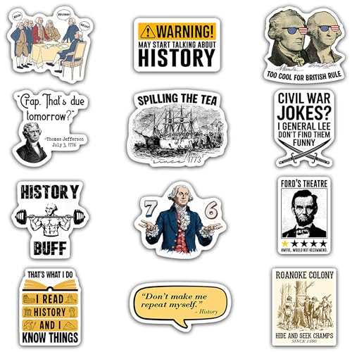 History Stickers 12pcs for Students Teachers, History Nerd Stickers, US American Historical Design, Waterproof Laptop Water Bottle Stickers - color: History