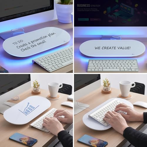 TSJ OFFICE Glass Desktop Whiteboard - 17 X 7 Inches Small Dry Erase Board with Blue Light, Glass White Board Surface Notepad with 1 Drawer, Desk Organizers for Office, Home, School Supplies - color: Blue Light (White Glass)