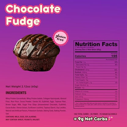Prime Bites Minis - High Protein Muffin (12 Per Box, Chocolate Fudge) - 15g of Protein, 5g of Collagen, Gluten Free, Low Sugar Treat, Delicious Protein Snack