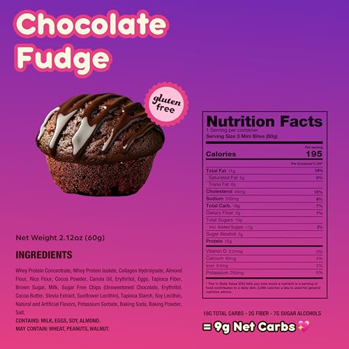 Prime Bites Minis - High Protein Muffin (12 Per Box, Chocolate Fudge) - 15g of Protein, 5g of Collagen, Gluten Free, Low Sugar Treat, Delicious Protein Snack