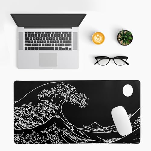 Japanese Sea Wave Gaming Mouse Pad 27.6x11.8 Inch Anime Black Large Mousepad Extended Kanagawa Mousepad Gaming Non-Slip Rubber Base Stitched Edges Keyboard Mouse Mat Desk Pad for Office Home Game - color: Black Wave of Kanagawa