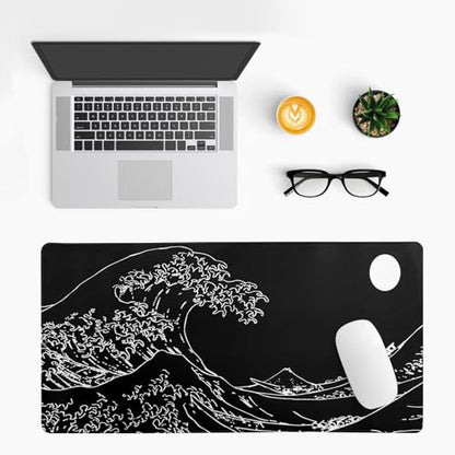 Japanese Sea Wave Gaming Mouse Pad 27.6x11.8 Inch Anime Black Large Mousepad Extended Kanagawa Mousepad Gaming Non-Slip Rubber Base Stitched Edges Keyboard Mouse Mat Desk Pad for Office Home Game - color: Black Wave of Kanagawa