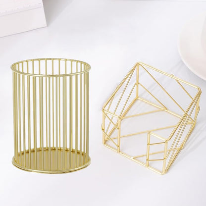 2Pcs Post sticky Note Holder + Pens Holders,Desk organizer sets,Gold Metal suit for Desk Memo,tableware,flowers,toothbrush,cute pencil holder ,Home Office decor and Accessories,Makeup Brushes Cup.