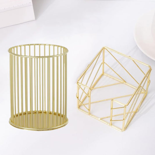 2Pcs Post sticky Note Holder + Pens Holders,Desk organizer sets,Gold Metal suit for Desk Memo,tableware,flowers,toothbrush,cute pencil holder ,Home Office decor and Accessories,Makeup Brushes Cup.
