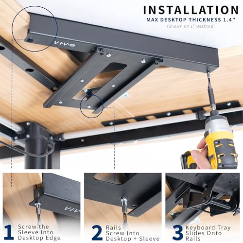 VIVO Black Under Desk Corner 25 x 10 inch Keyboard Tray, MOUNT-KB03B | Computer Keyboard and Mouse Platform with Corner Connector, Under Table Desk Mount for L-Shaped Workstations, Full Swivel