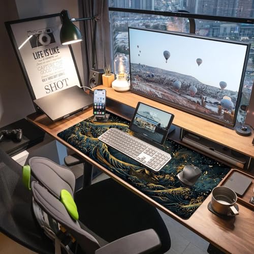 Extended Gaming Mouse Pad, Large Mouse Mat 3 mm Nature Rubber Base Mousepad with Stitched Edges, Non-Slip Desk Mat for Office Home Great Gift 31.5x11.8 Inch (Great Wave 2) - color: Great Wave 2
