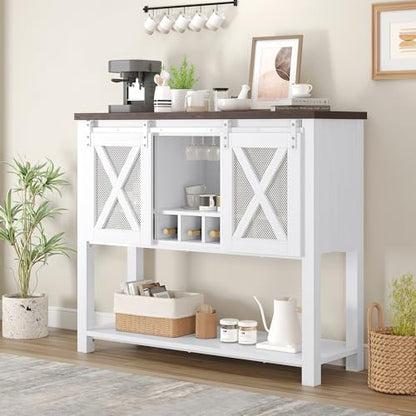 Farmhouse Sideboard Buffet Cabinet With Sliding Barn Doors – Coffee Bar Console Table Featuring Open Storage Shelf & Wine Racks, Entryway Table for Kitchen, Dining Room, Hallway, 46.5” （White & Brown）