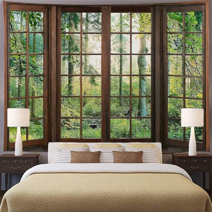 Aidatain Green Forest Natural Tapestry Window Scenery Wall Aesthetic Tapestry for Bedroom Flannel 108" L x 90" W Beach Blanket Living Dinning Room College Dorm Wall Hanging GTDJAT0095 - size: 108"L x 90"W