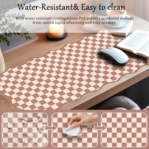 Scalloped Desk Mat Extended Large Cute Mouse Pad Big Desk Pad XXL Aesthetic Plaid Mousepad Checkered Gaming Mouse Pad for Computer Keyboard and Mouse Laptop Home Office 35.4X15.7Inches Brown Khaki - color: Brown, size: 35.4" x 15.7"