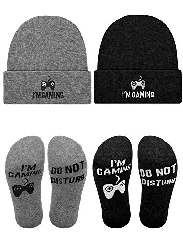 Syhood 4 Pcs Gamer Gifts Set for Couple Men Women Beanie Gamer Hat and Scoks I'm Gaming Gift Winter