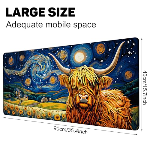 Highland Cow Starry Night Gaming Mouse Pad Large Desk Mat Extended Keyboard Anime Mousepad with Non-Slip Base and Stitched Edge for Desk Home Office Gaming,35.4 x 15.7 Inch - color: Highland Cow Starry Night, size: 15.7*35.4inch