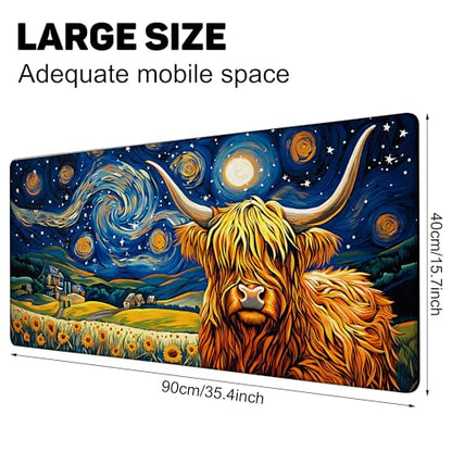 Highland Cow Starry Night Gaming Mouse Pad Large Desk Mat Extended Keyboard Anime Mousepad with Non-Slip Base and Stitched Edge for Desk Home Office Gaming,35.4 x 15.7 Inch - color: Highland Cow Starry Night, size: 15.7*35.4inch