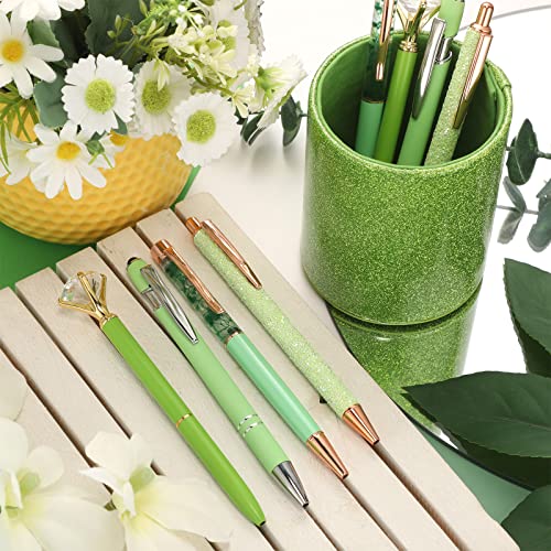 Sabary 8 Pcs Green Pens with Pen Holder for Desk Glitter Crystal Diamond Cute Ballpoint Fancy Pencil Holder Bling Desk Organizer for Women Girls School Office Supplies Wedding Graduation Gifts - color: Green
