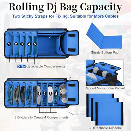 Rolling Dj Cable Bag with Laptop and Microphone Pocket, Dj Bag for Equipment and Music Accessories with Detachable Dividers, Bottom Pad, Dj Gig Bags for Musicians, Professional, Travel, Blue - color: Blue, style: Rolling Dj Cable Bag