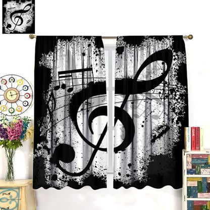 Music Note Curtains, Rustic Black White Musical Notes Theme Print Window Treatments Drapes for Bedroom Living Room Apartment 42" W X 45" L(No Blackout) - color: Musical-5, size: 20.5"W x 45"L (Pack of 2)