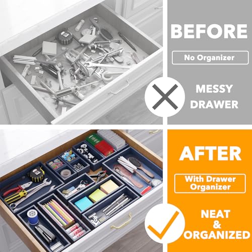 SpaceAid 14-Piece Bamboo Drawer Organizer Storage Boxes Set, Wood Tray Junk Drawer Organizers Multi-Use Divider Bins for Kitchen, Bathroom, Office Desk and Makeup Organization (14 Pack, Navy Blue) - color: Navy Blue