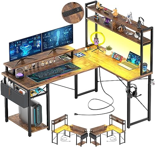 Aheaplus Small L Shaped Gaming Desk with LED Lights & Power Outlets, Reversible L-Shaped Computer Desk with Monitor Stand & Storage Shelf, Corner Desks Home Office Desk with Storage Bag, Rustic Brown - color: Rustic Brown