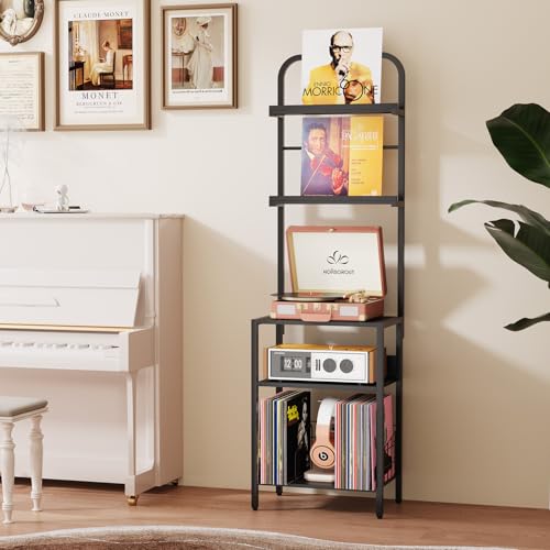 Homsorout Record Player Stand with Vinyl Storage - 5-Tier Turntable Table with Adjustable Feet, Metal & Wood Cabinet - Console Organizer Display Shelf for Living Room, Apartment - style: Black Without Socket