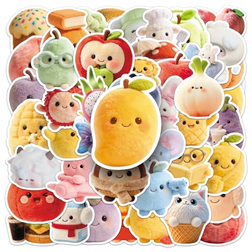 50 PCS Cute Plush Stickers for Scrapbooking, Kawaii Cartoon Decals for Journaling Planner, Waterproof Adorable Food Animal Vinyl Stickers for Water Bottle Laptop Phone DIY Crafts - style: A6