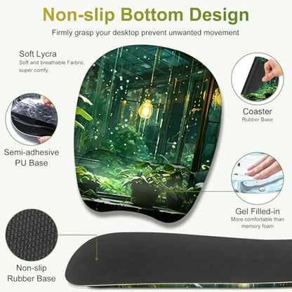 Large Mouse Pad with Wrist Support 4 in1 Set, XXL Big Game Mousepad + Keyboard Wrist Rest+Mouse Wrist Rest Pad +Coaster Gaming Mat for Women Men Home Office Computer I Green Plants Romantic Rain - color: Green Plants Romantic Rain