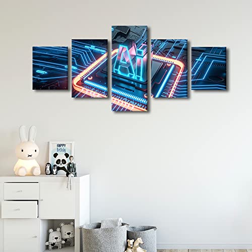 Office Wall Art AI Technology Smart Motherboard Chip Posters & Prints 5 Pieces Wall Art Canvas Artwork Wall Decor Modern Prints Wall Art Stretched And Framed Ready to Hang, 50"x24" - color: Artwork-06, size: 50''Wx24''H