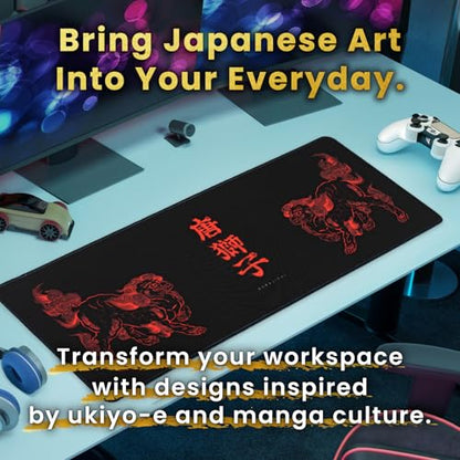 BELLEMOND Japanese Art Desk Mat | Large 31.5x11.8in Anime Mouse Pad for Keyboard & Mouse | Non-Slip Base, Water-Repellent | Original Japanese Design | Kara-jishi - Twin Lions - color: Kara-jishi - Twin Lions